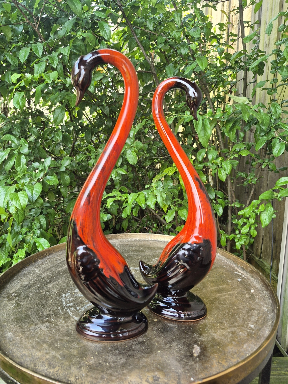 Vintage Pair Of Canuck Pottery Flame Red Drip Glaze Long Neck Geese Figurines